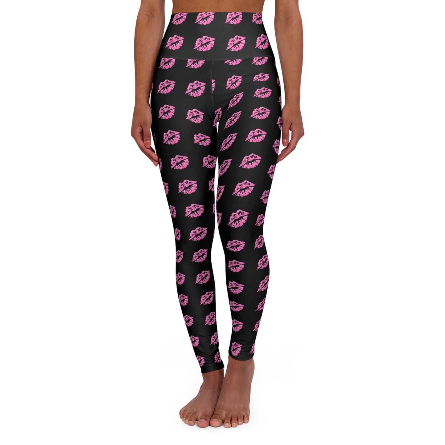 High Waisted Yoga Leggings with Pink Lip Print, Activewear, Fitness, Gym Style, Fashion Statement, Athleisure Wear
