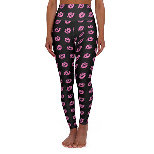High Waisted Yoga Leggings with Pink Lip Print, Activewear, Fitness, Gym Style, Fashion Statement, Athleisure Wear