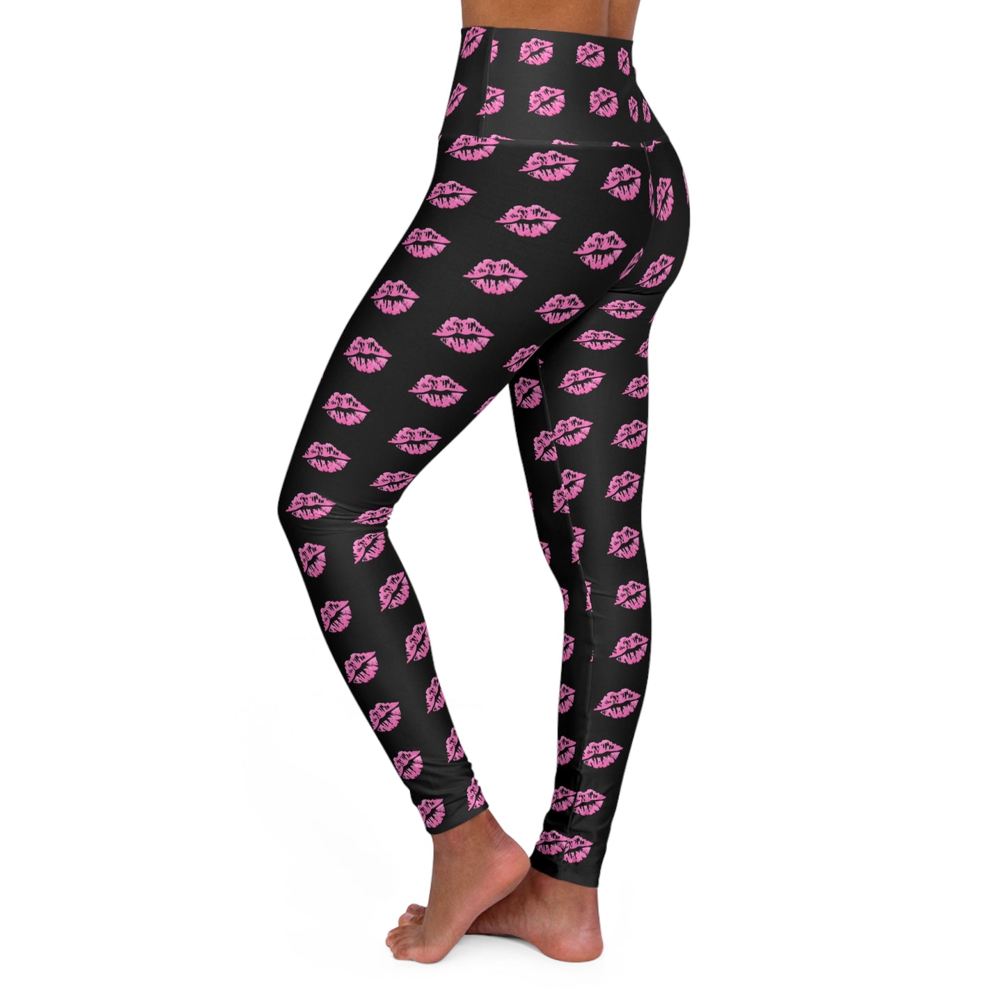 High Waisted Yoga Leggings with Pink Lip Print, Activewear, Fitness, Gym Style, Fashion Statement, Athleisure Wear